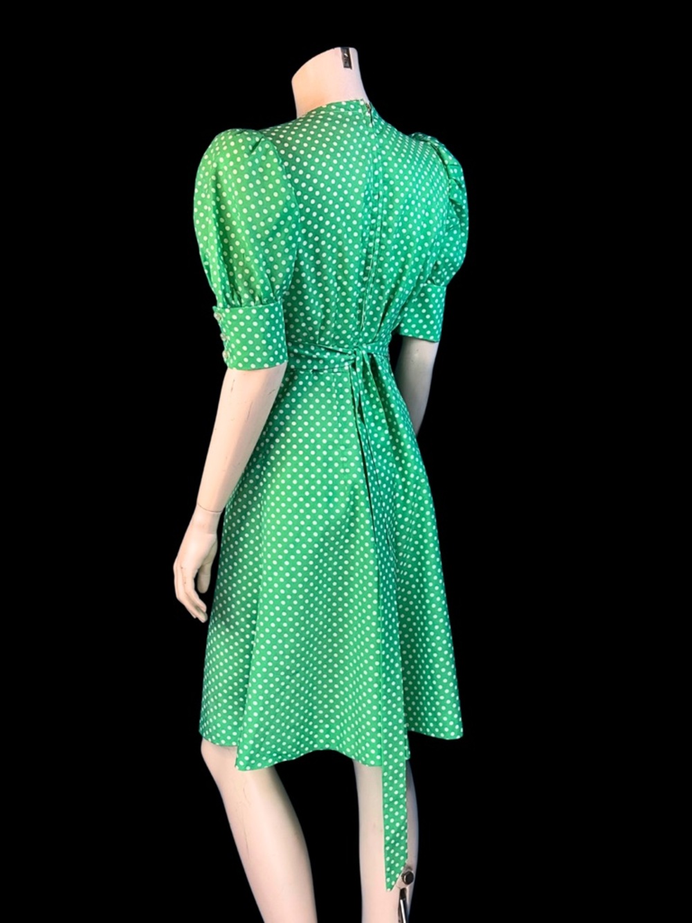 70s Green Polka Dot Baby Doll Dress with White Daisy trim / S M - Picture 7 of 10